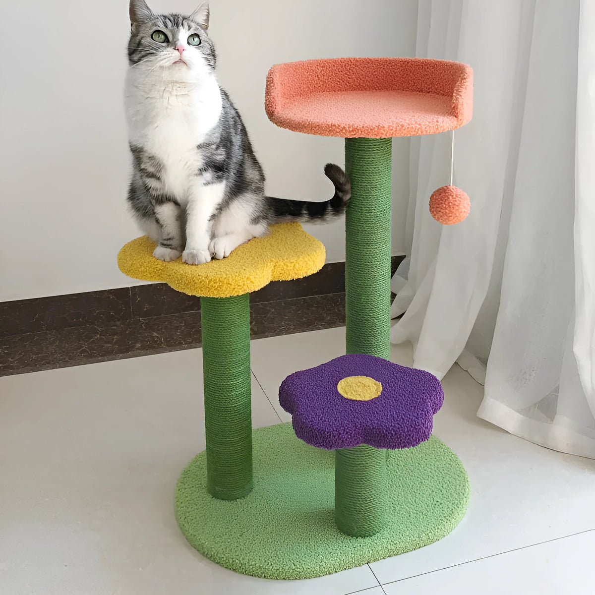 28 inch cat tower with sisal rope winding, wood frame, and lambswool perches in backrest design