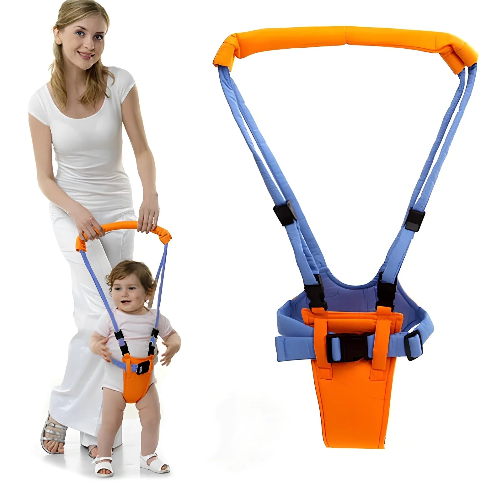 Orange and blue baby walking harness with adjustable strap and plastic safety locks for infants learning to walk