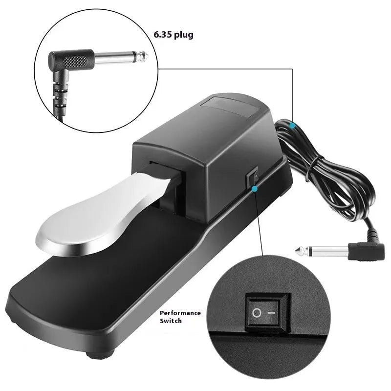 Black single leg sustain pedal for electronic keyboards with 6.35mm jack connector