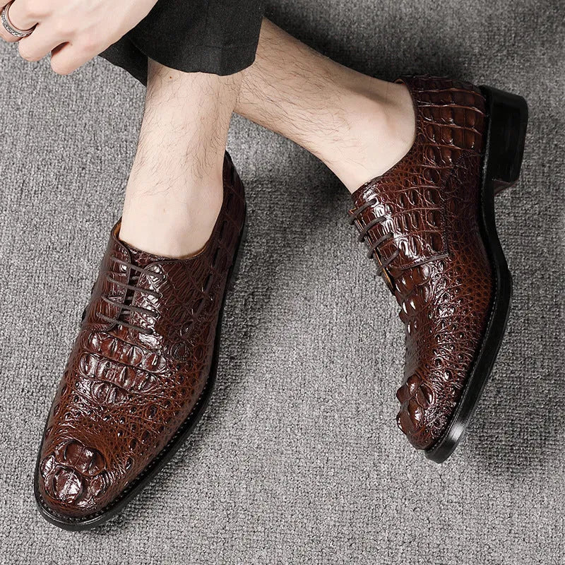 Handmade men's crocodile leather formal shoes with round toe, genuine leather sole, black colour, size 42