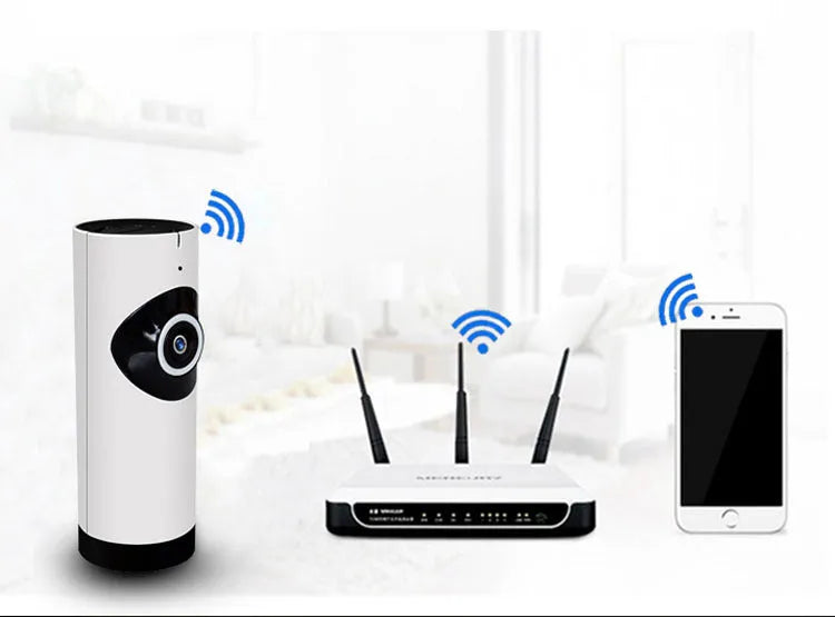 720P wireless IP camera with panoramic lens and bracket for baby monitor use