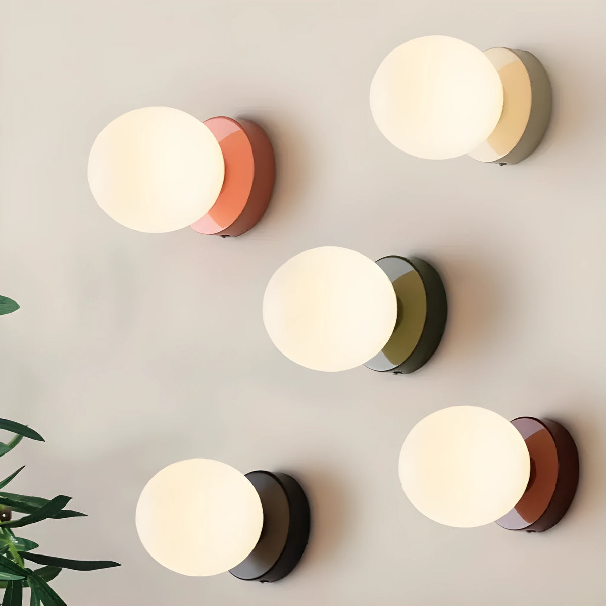 Nordic modern simple glass ball wall lamp with iron frame, available in five base colours including beige and black