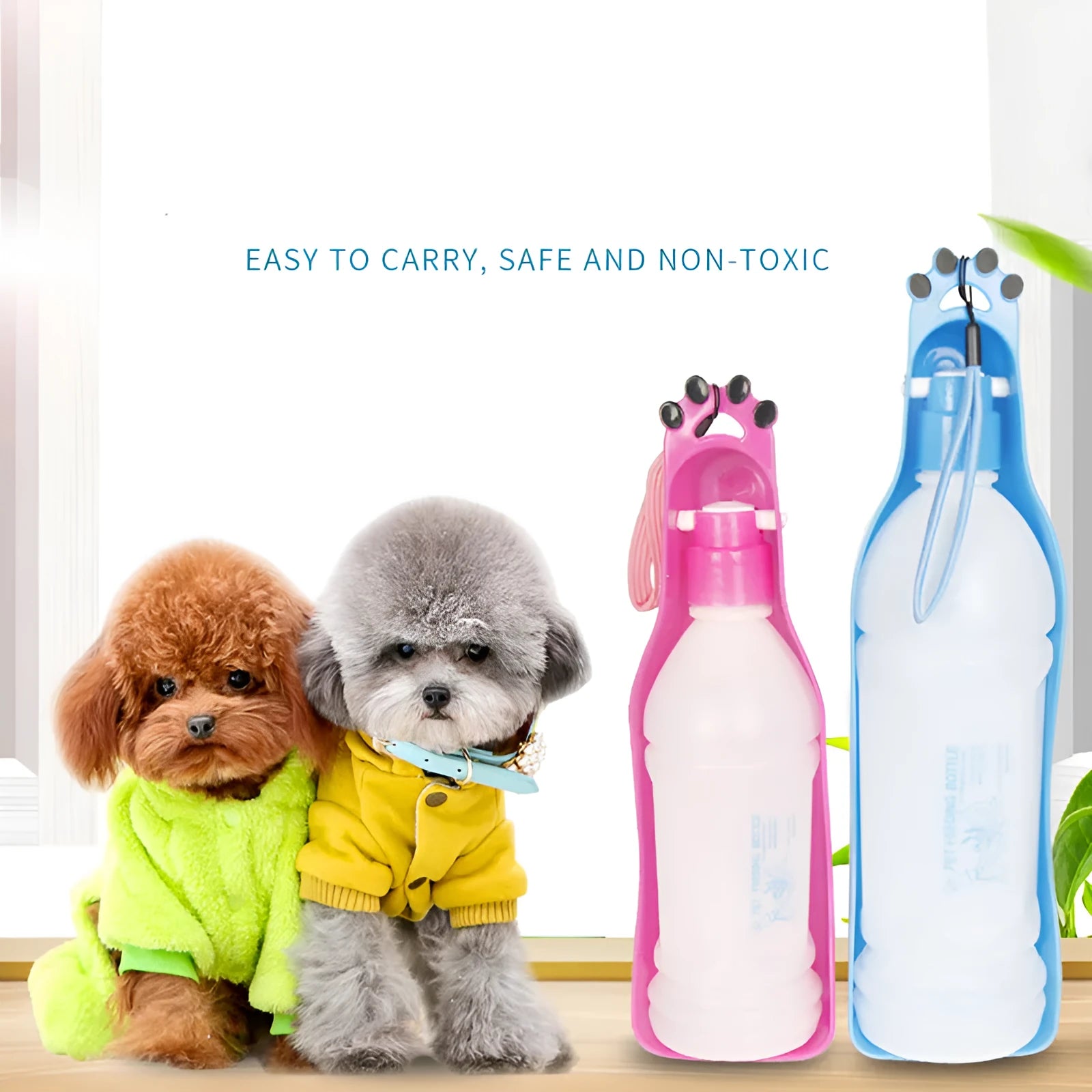 Blue portable pet cup drinker with stretch cover and 600ml capacity, shown on outdoor background