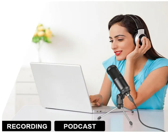 Black USB condenser microphone for laptop and computer recording with knob volume control