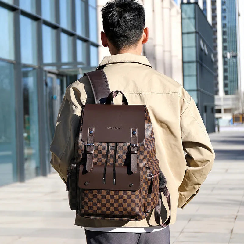 Men's plaid commute backpack in black plaid wear-resistant PU material with curved shoulder straps