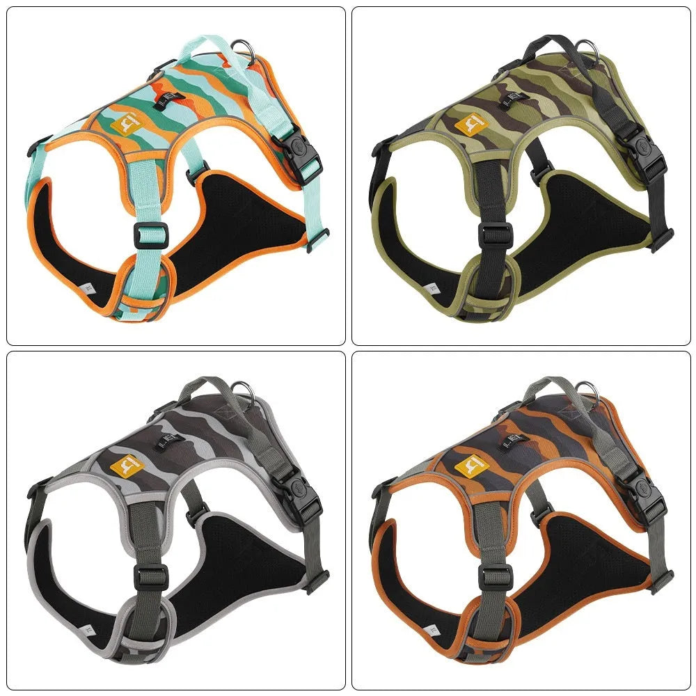 Orange reflective dog lead with chest and back attachment on a grey background.