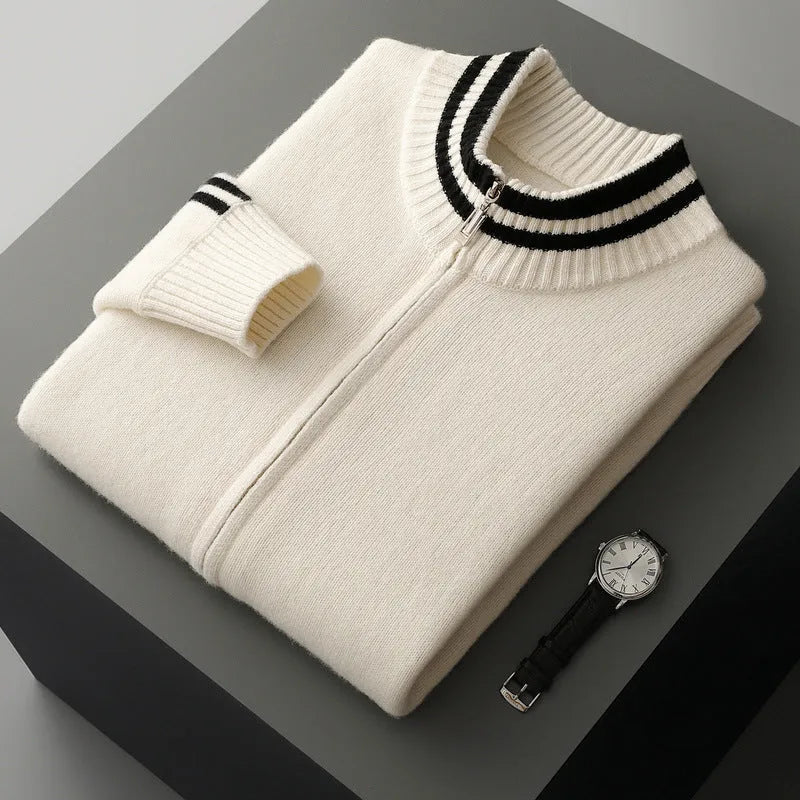 Men's half-high collar knitted striped cardigan in white and black, loose fit with Korean style, sizes S to 3XL