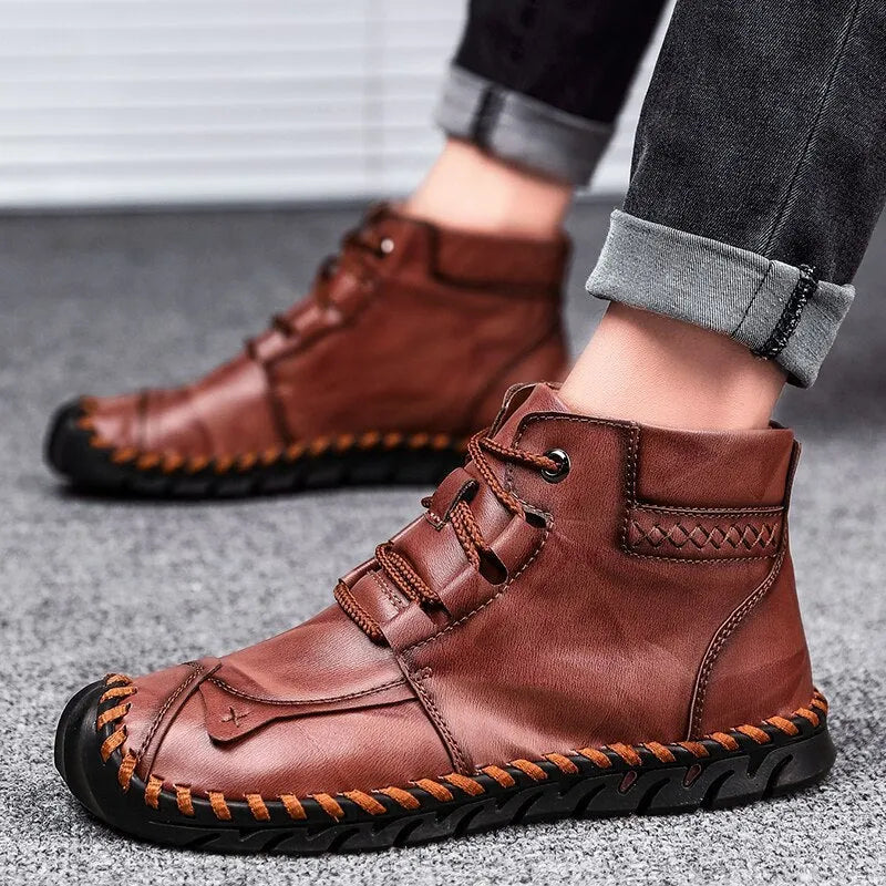 Men's leather Martin boots cow split leather thick rubber sole black colour side view
