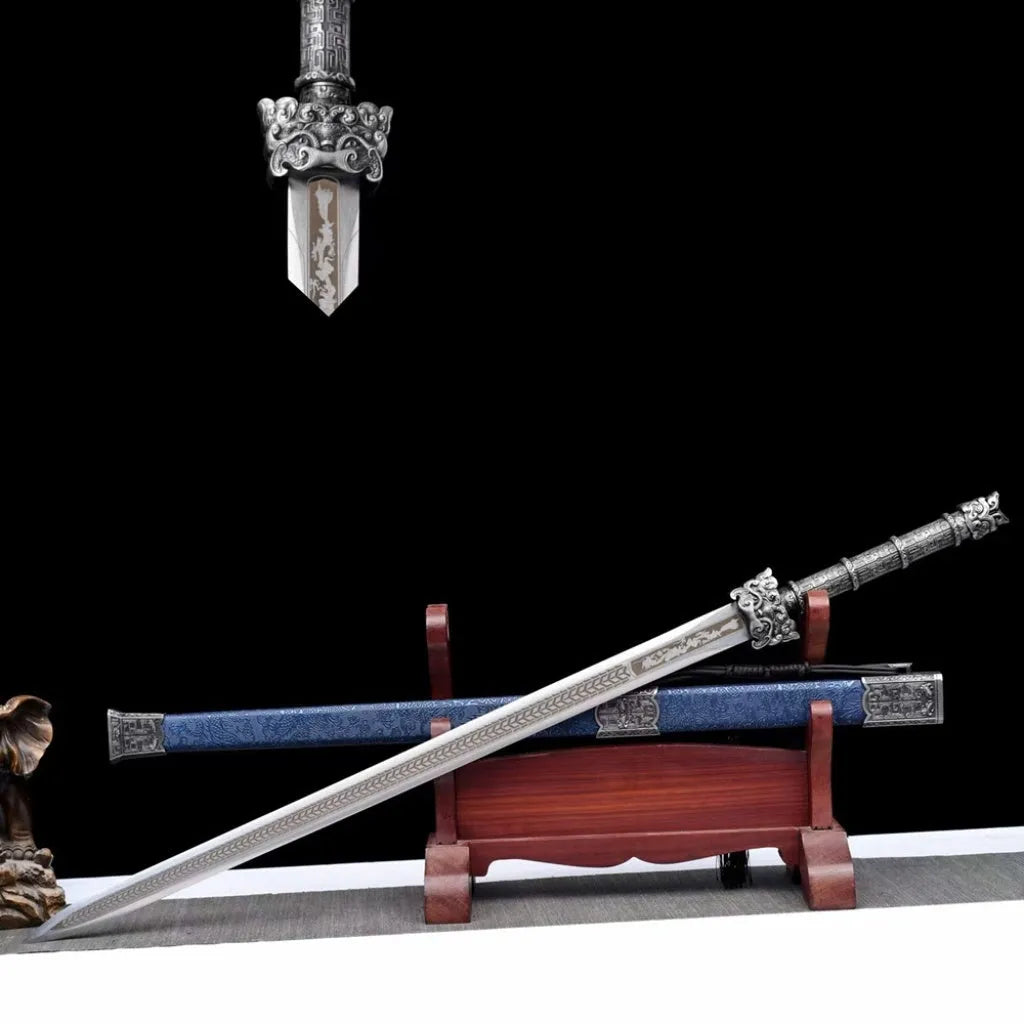 Ancient Tang-style unsharpened sword with high manganese steel blade and solid wood scabbard with leather covering