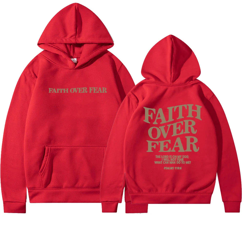 Inspirational Christian hoodie with 'Faith Over Fear' graphic in various colors