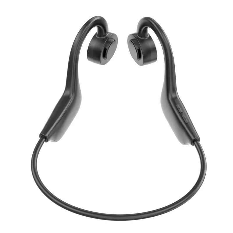 Black wireless sports headset with hanging ear design and voice control functionality