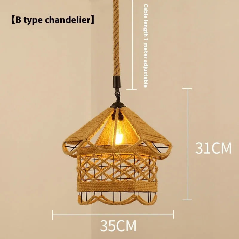 Hemp rope industrial style chandelier with black metal frame and 16 size options for restaurant or café lighting