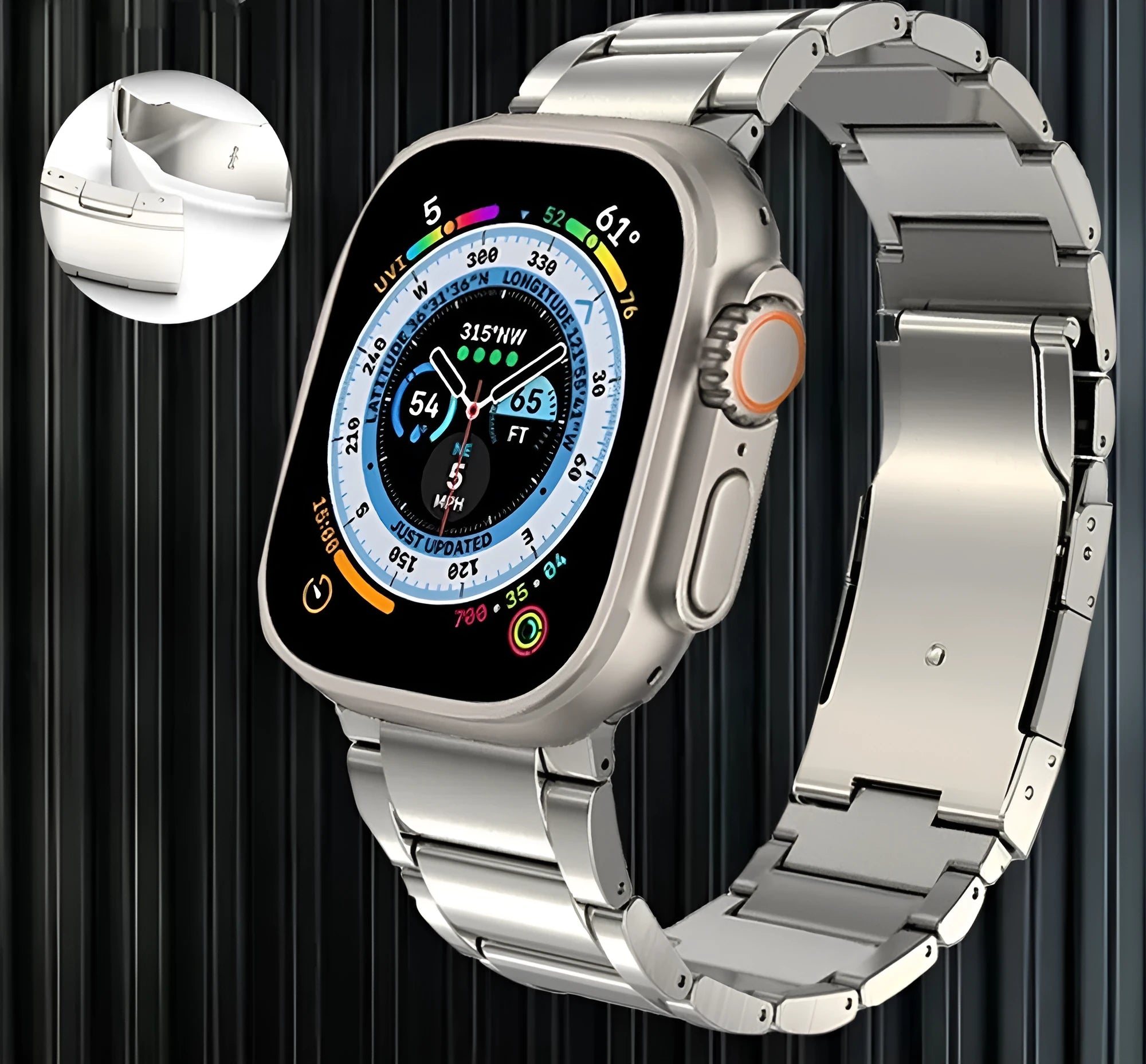 Titanium alloy Apple Watch strap with folding buckle in black and silver colours