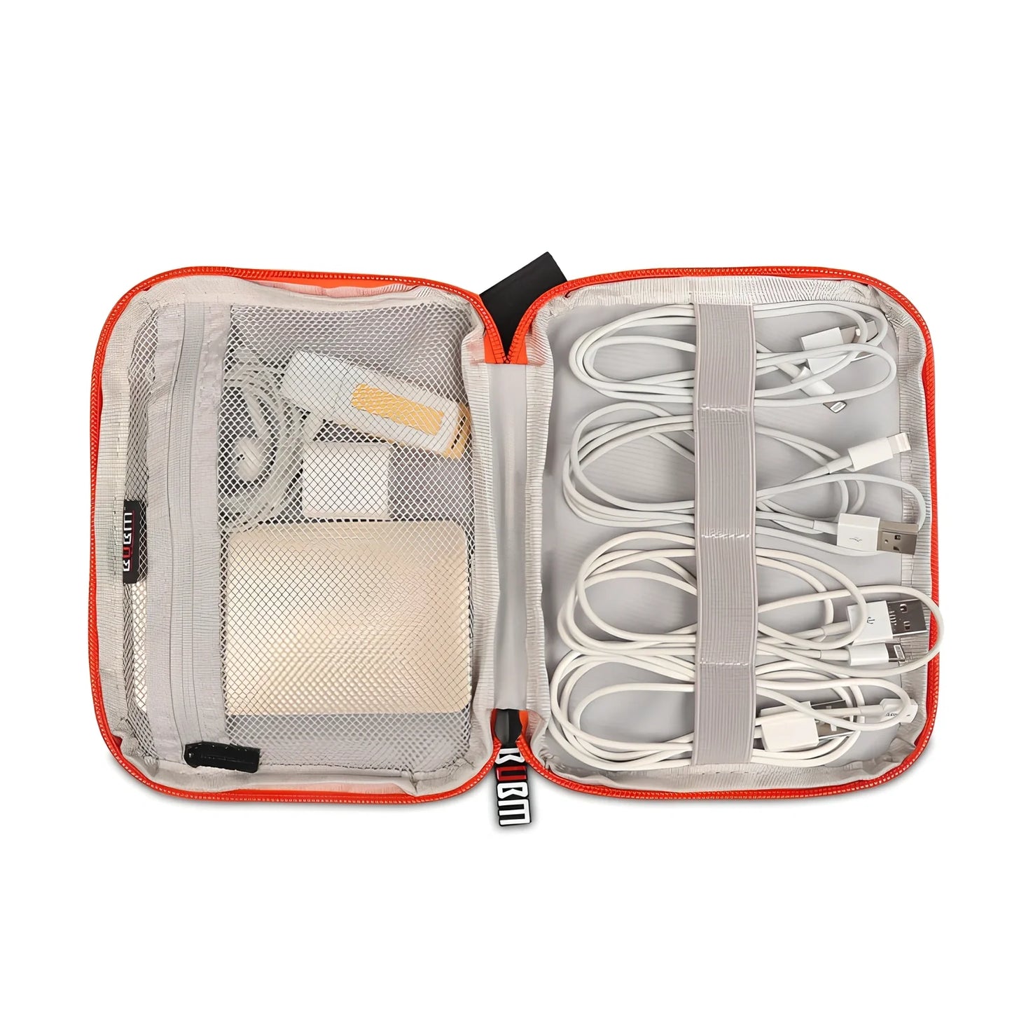 BUBM double-layer XL travel cable organizer in black, with compartments for USB, phone, charger, iPad cables, 25cm x 15cm x 10cm