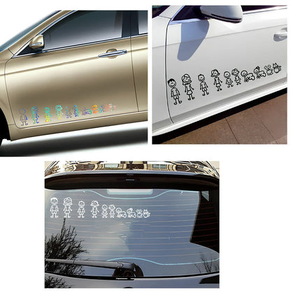 Big family cartoon car sticker measuring 38.3cm wide with black, white and laser colour options