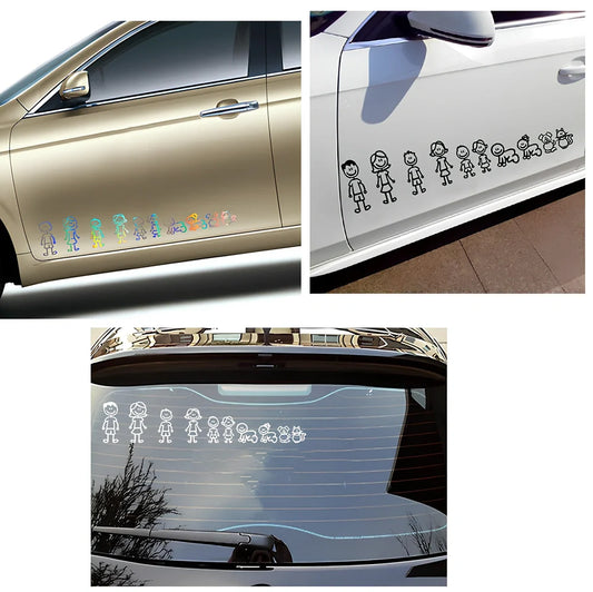 Big family cartoon car sticker measuring 38.3cm wide with black, white and laser colour options