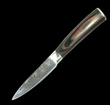 7Cr17 stainless steel kitchen knife with laser Damascus pattern on blade and colour wood handle