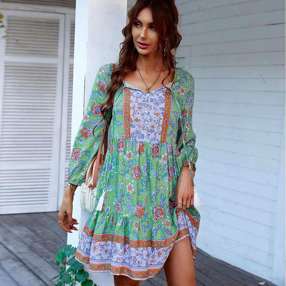 Boho print button V-neck long sleeve fringe dress in vibrant colours