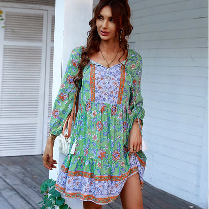 Boho print button V-neck long sleeve fringe dress in vibrant colours