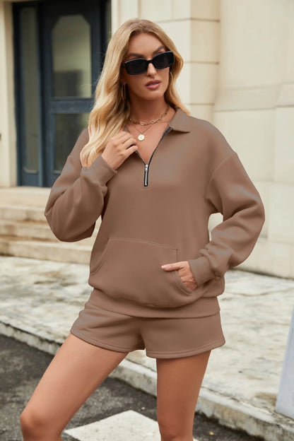 Casual sweatshirt suit set for women with lapel zipper top and elastic shorts in various colours