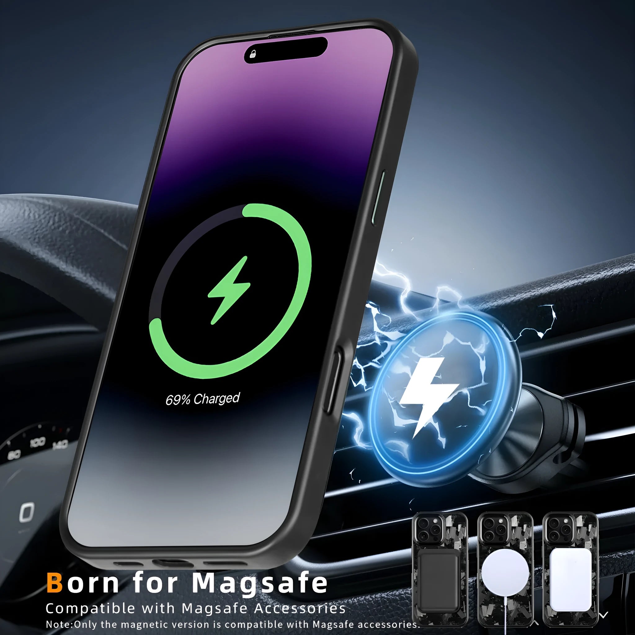 Forged pattern metal frame and carbon fibre protective case for iPhone 17, shown in black frame blue gold colour with magnetic feature.