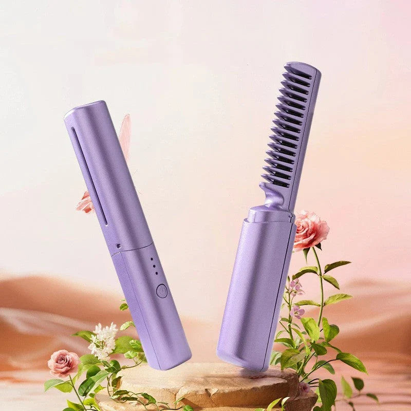 Portable cordless hair straightener and curler brush with ceramic plates for smooth, salon-quality styling