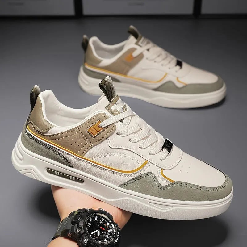 Unisex casual microfiber board shoes with flat heel and lace up, in beige and white