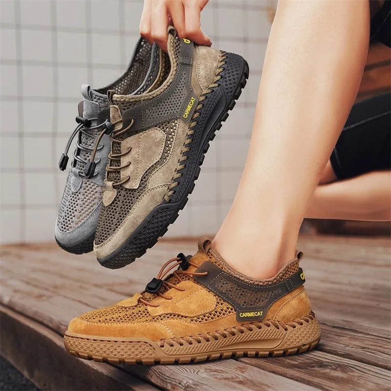 Men's brown suede casual tennis shoes with elastic band and hand-stitched details.