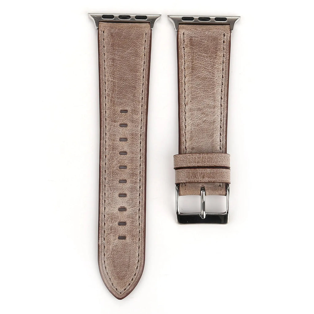 Genuine leather watch strap with folding buckle in blue, shown in 38mm width.