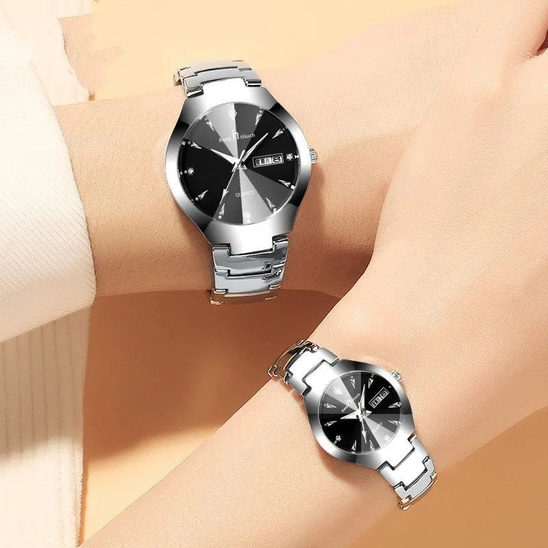 Luminous quartz couple watch with calendar, 38mm round dial, alloy case, mineral glass, and IP plating strap