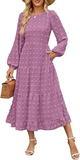 Women's long sleeve casual dress with ruffle sleeves and high waist in a solid colour