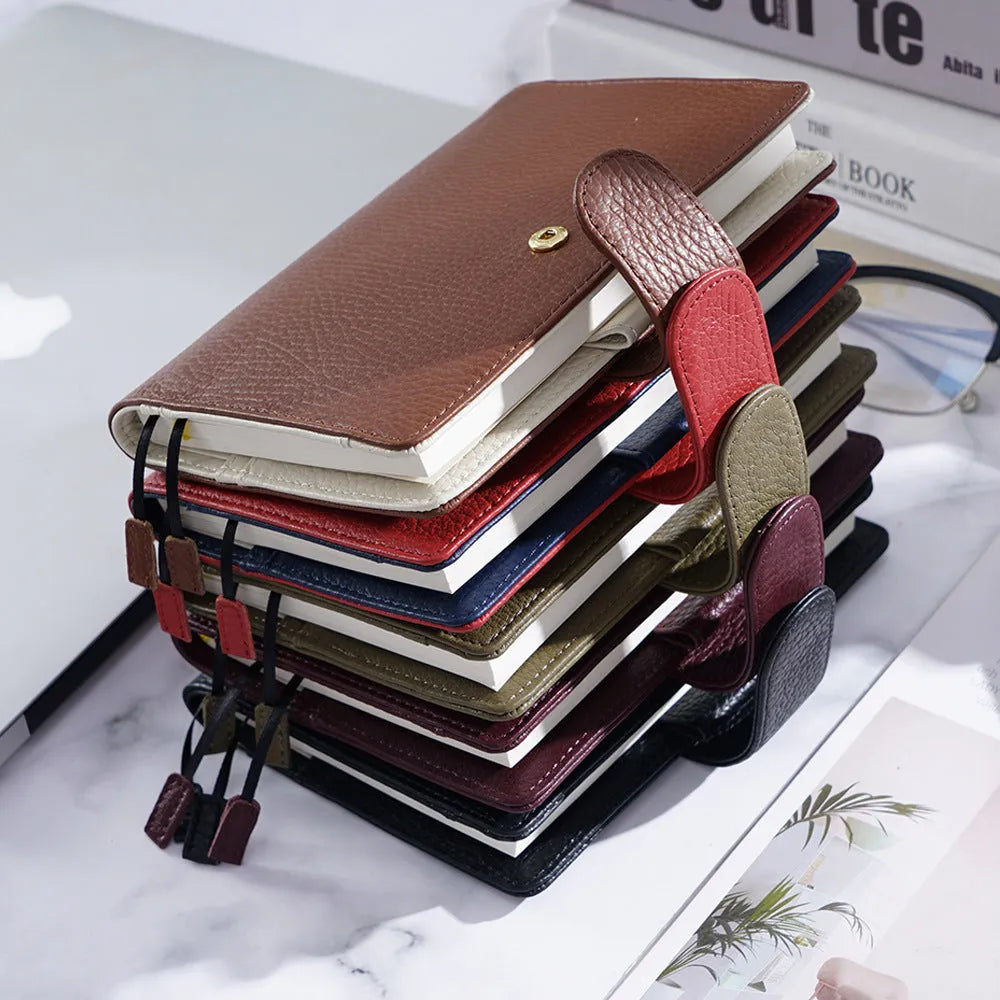 A6 leather notebook with Lychee pattern cowhide cover in off white, pink, or white colour options
