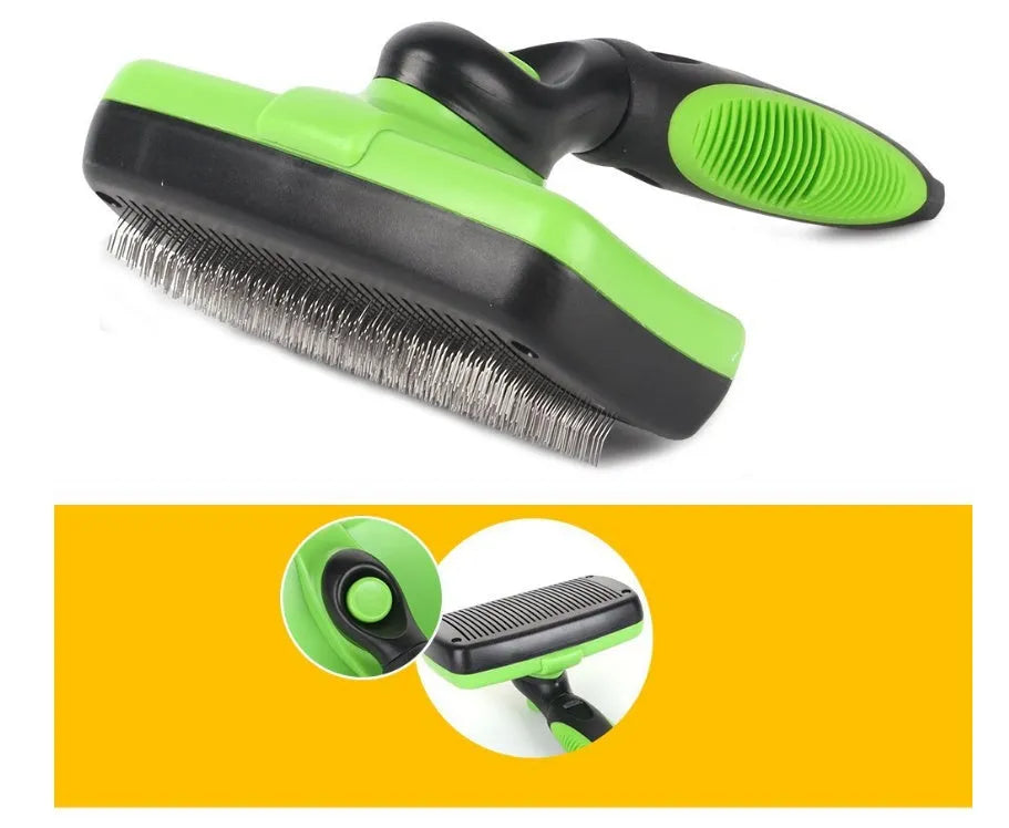 Pet self-cleaning slicker brush with stainless steel needles, green handle, comb surface 12.6 x 7cm, for dogs and cats