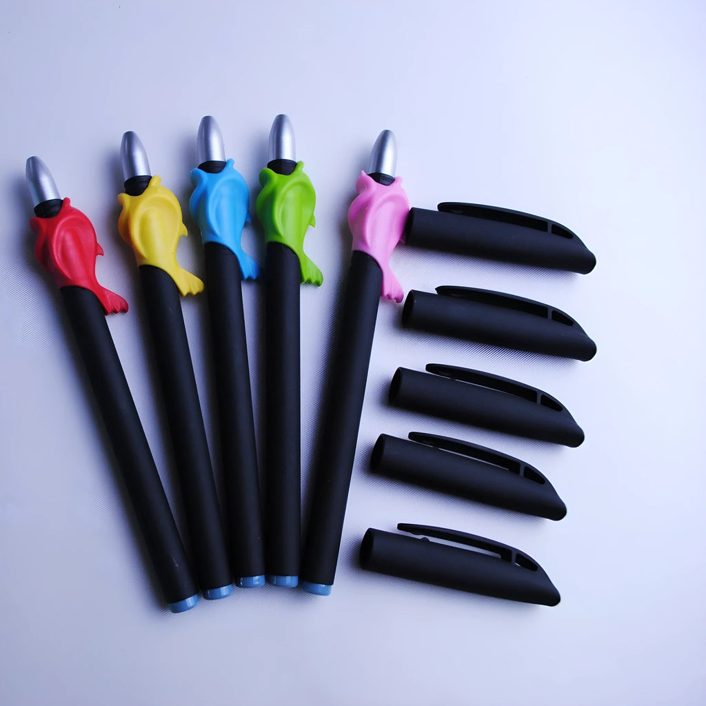 Automatic fading pen set showing blue refills, a plastic pen, and a storage holder.
