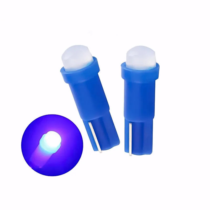 T5 wedge base LED car instrument bulb with plastic housing showing colour options.