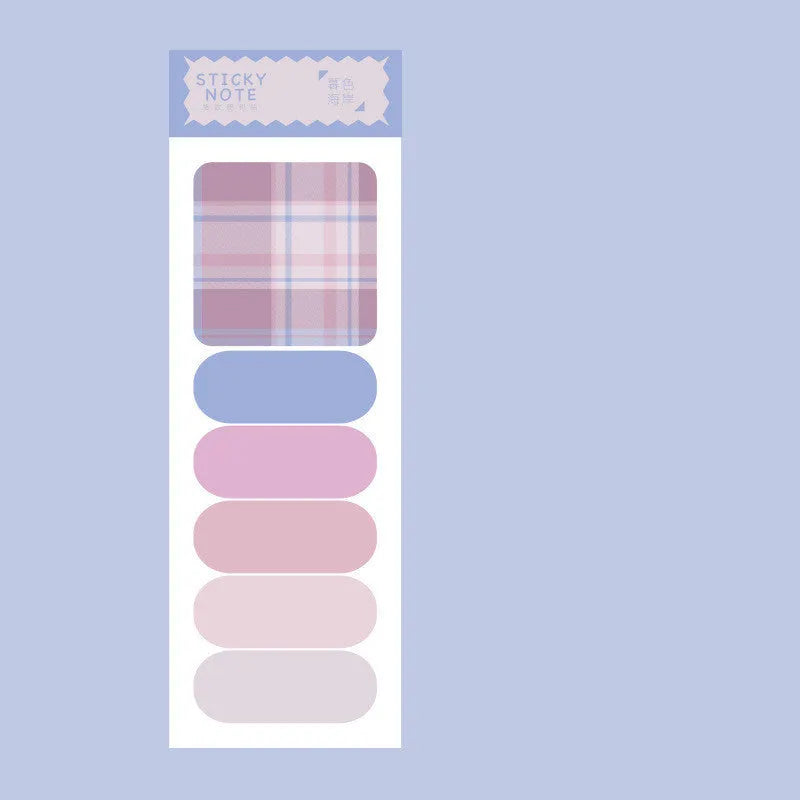 Set of eight colourful plaid and solid-colour memo pads, each with sticky notes measuring 67mm by 200mm.