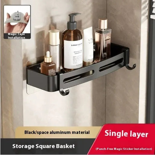 Gun gray triangle bathroom storage rack mounted in corner with punch-free installation