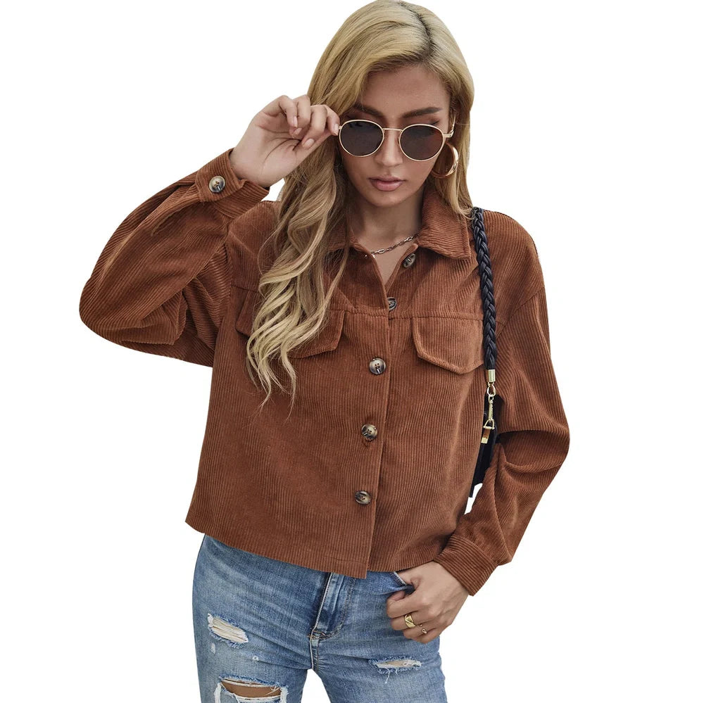 Women's brown corduroy slim coat with long sleeves and street hipster styling