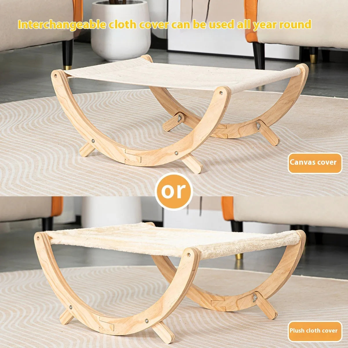 Solid wood cat shaker pet bed hammock measuring 55x41x22 cm with canvas and plush materials