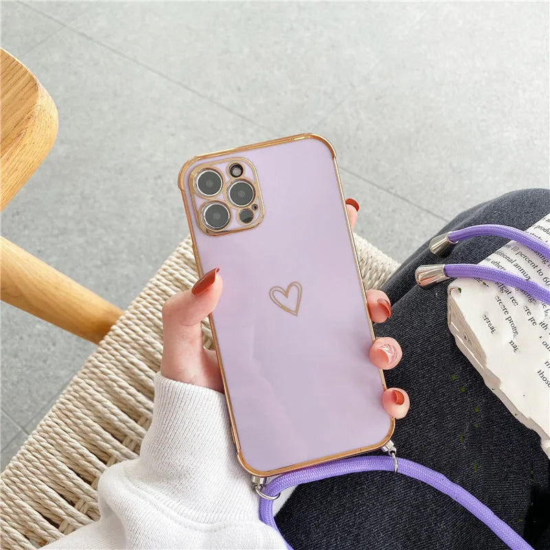 Hollow Love crossbody lanyard phone case for Apple iPhone with electroplating stripe and geometry design, TPU back cover, multiple colours