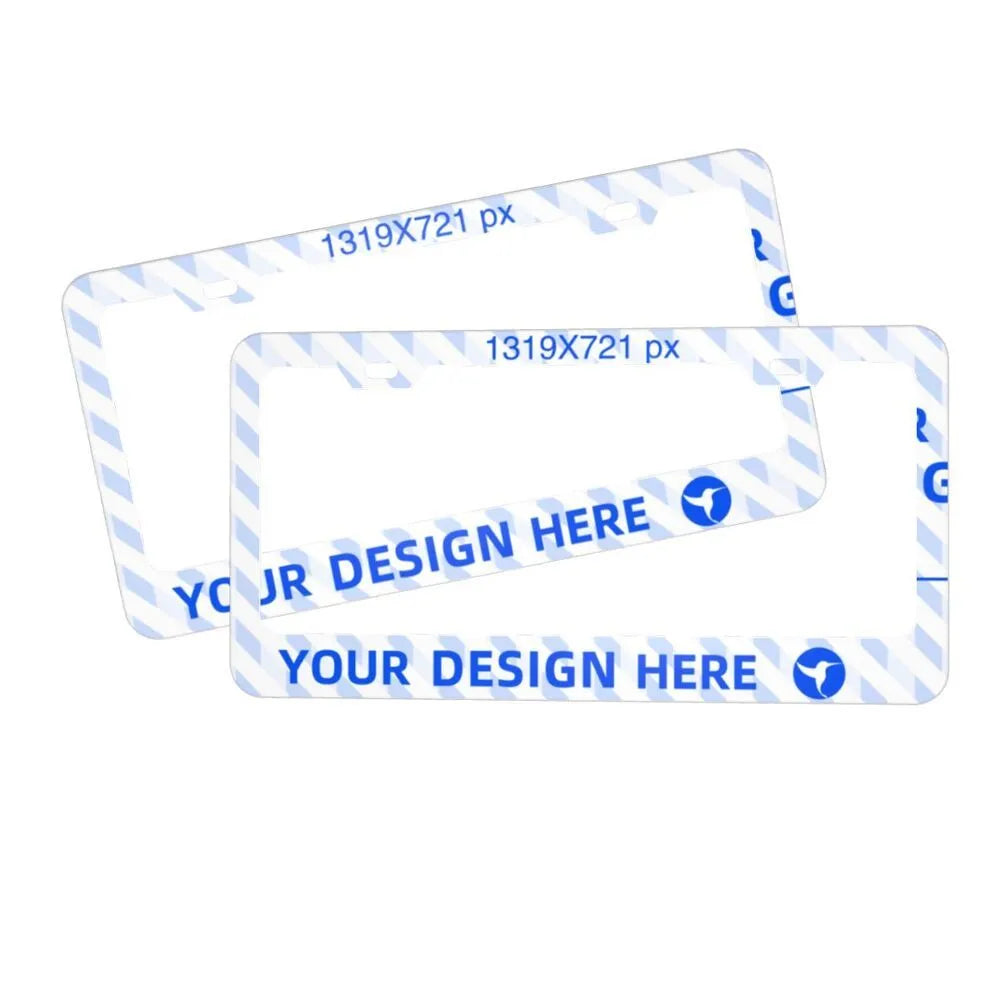 Pair of flat-hole aluminium license plate holders for front and rear car plates, customisable with printed design