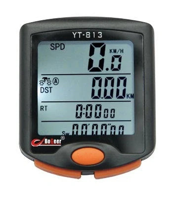 Bogle 813 waterproof bicycle code meter with display showing speed, distance, and time metrics