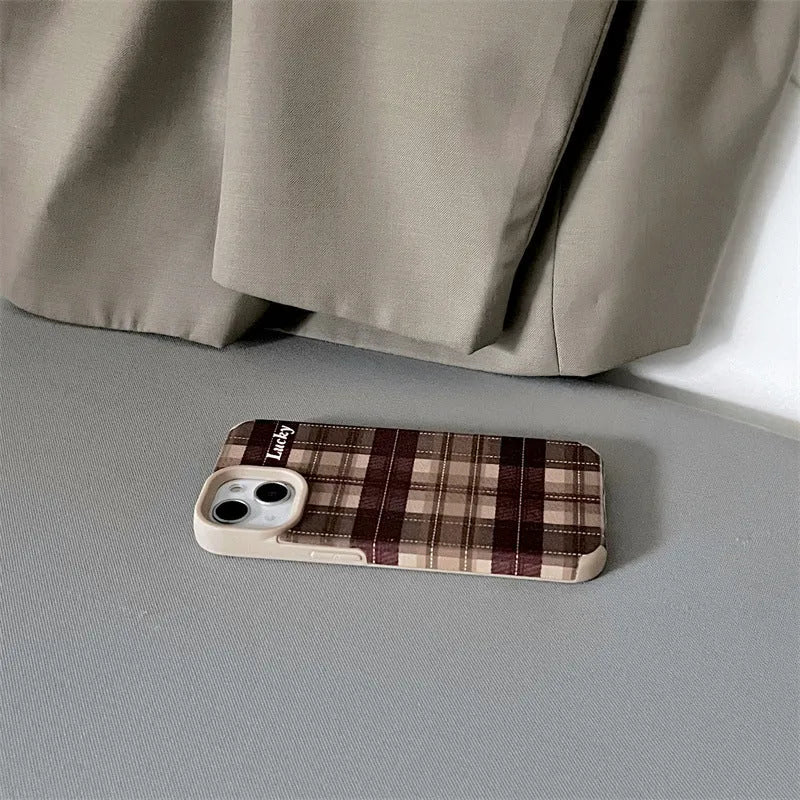 Lambskin plaid letters luck anti-fall silicone phone case for iPhone 13 Pro, light coffee colour, all-inclusive embossed design