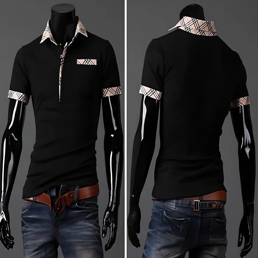 Breathable plaid Summer Polo T-shirt in black, navy or white, short sleeves 20-23cm, sizes M-XXL for hot weather comfort