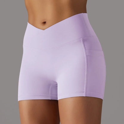 Women's yoga shorts with phone pocket in various colours, ideal for fitness and workouts