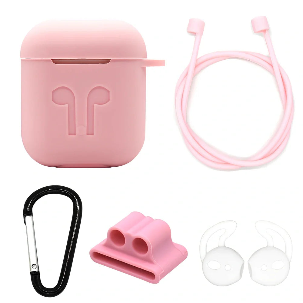 Black silicone protective cover for AirPods with 10cm anti-loss rope, hanging buckle, and earplug sleeves, weighing 36g total