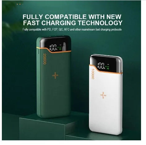 Portable power bank 20000mAh with 22.5W fast charging and 15W wireless charging in retro green colour