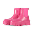 PVC low tube rain boot in solid colour with flat heel and non-slip sole.