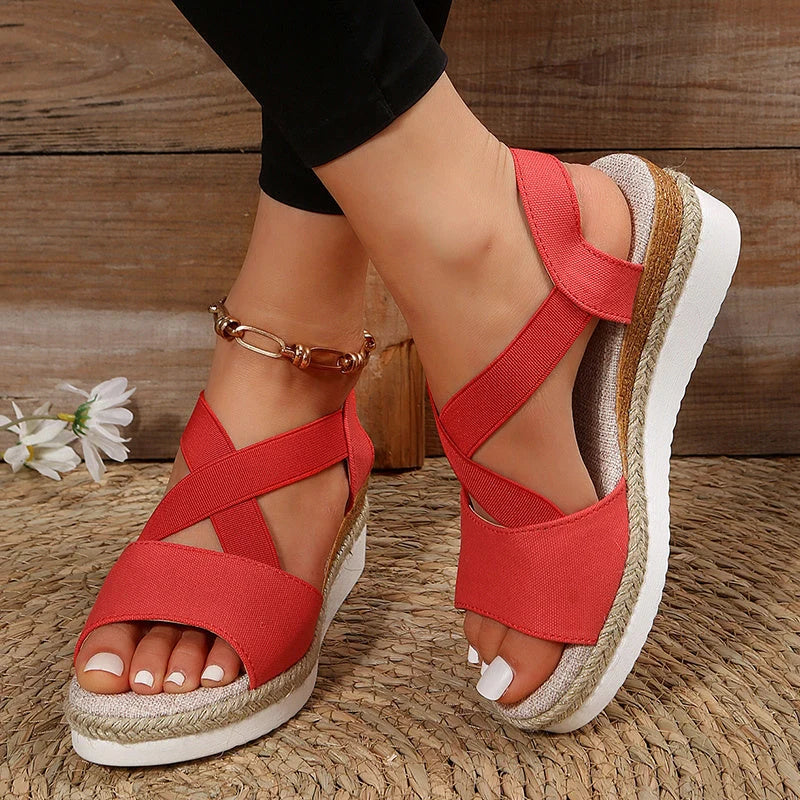 Women's cross-strap platform gladiator sandals with hemp heel in various colours