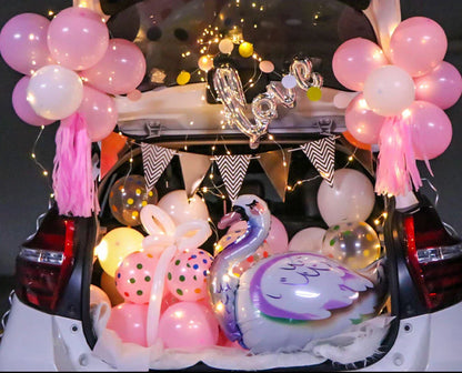 Romantic car trunk proposal decoration set with balloons, flags, and accessories for girlfriend's birthday celebration